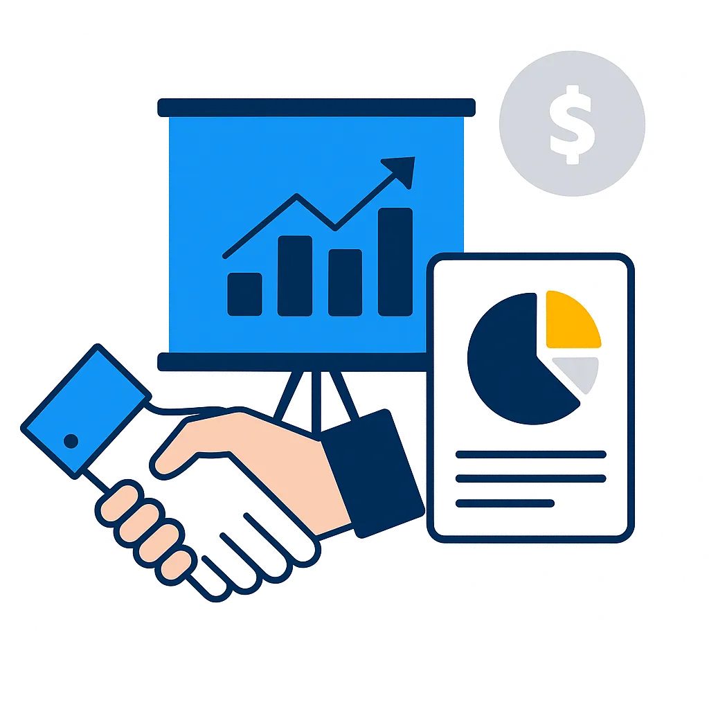 Business handshake with analytics dashboard showing growth charts and revenue tracking