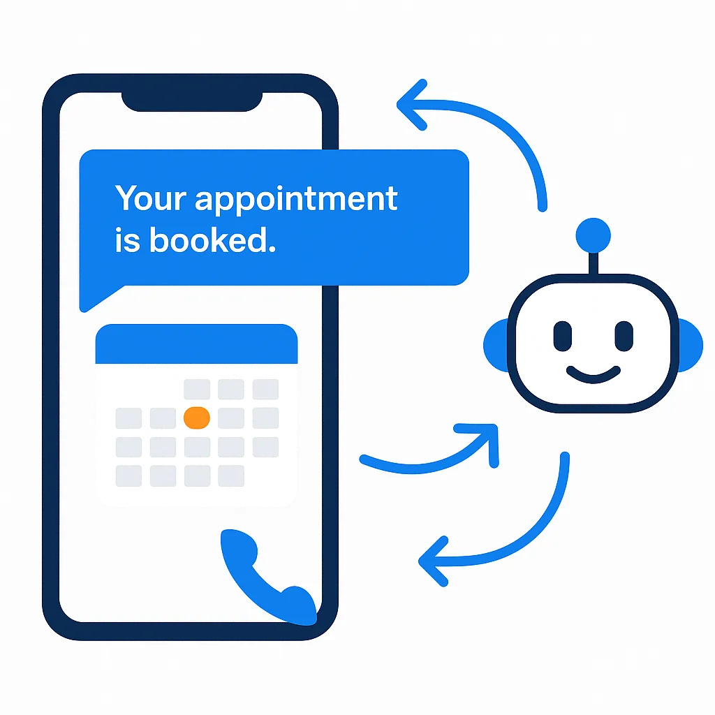 Mobile appointment booking interface with AI chatbot showing automated booking confirmation